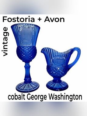 1970s  Cobalt Blue Fostoria Avon  G. Washington Creamer and Goblet Set